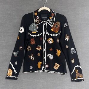 Vintage Michael Simon Sweater Small Black Dog Applique Cardigan 90s Y2K